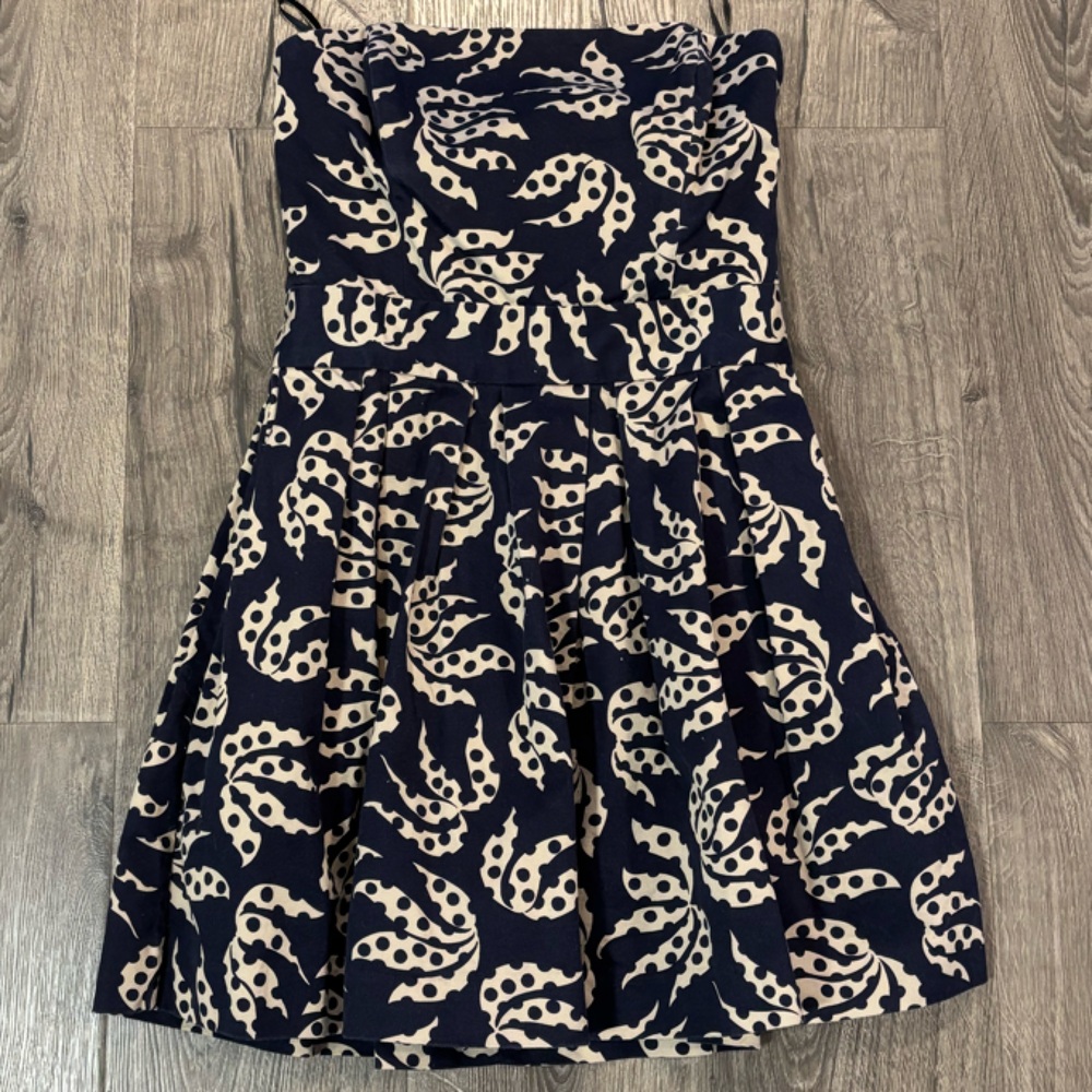 French Connection strapless navy and tan dress
